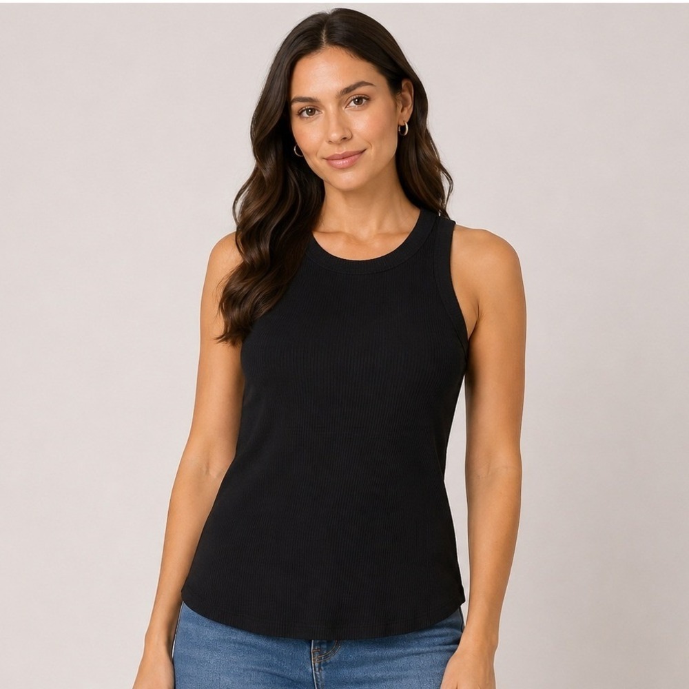 Fabletics Rib High Neck Tank Black Womens Large Cotton Stretch Sleeveless Top